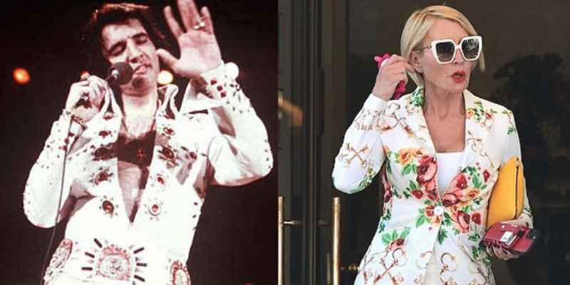 Heather Mills, Paul McCartney's ex-wife, portrays Elvis in a white flared pantsuit